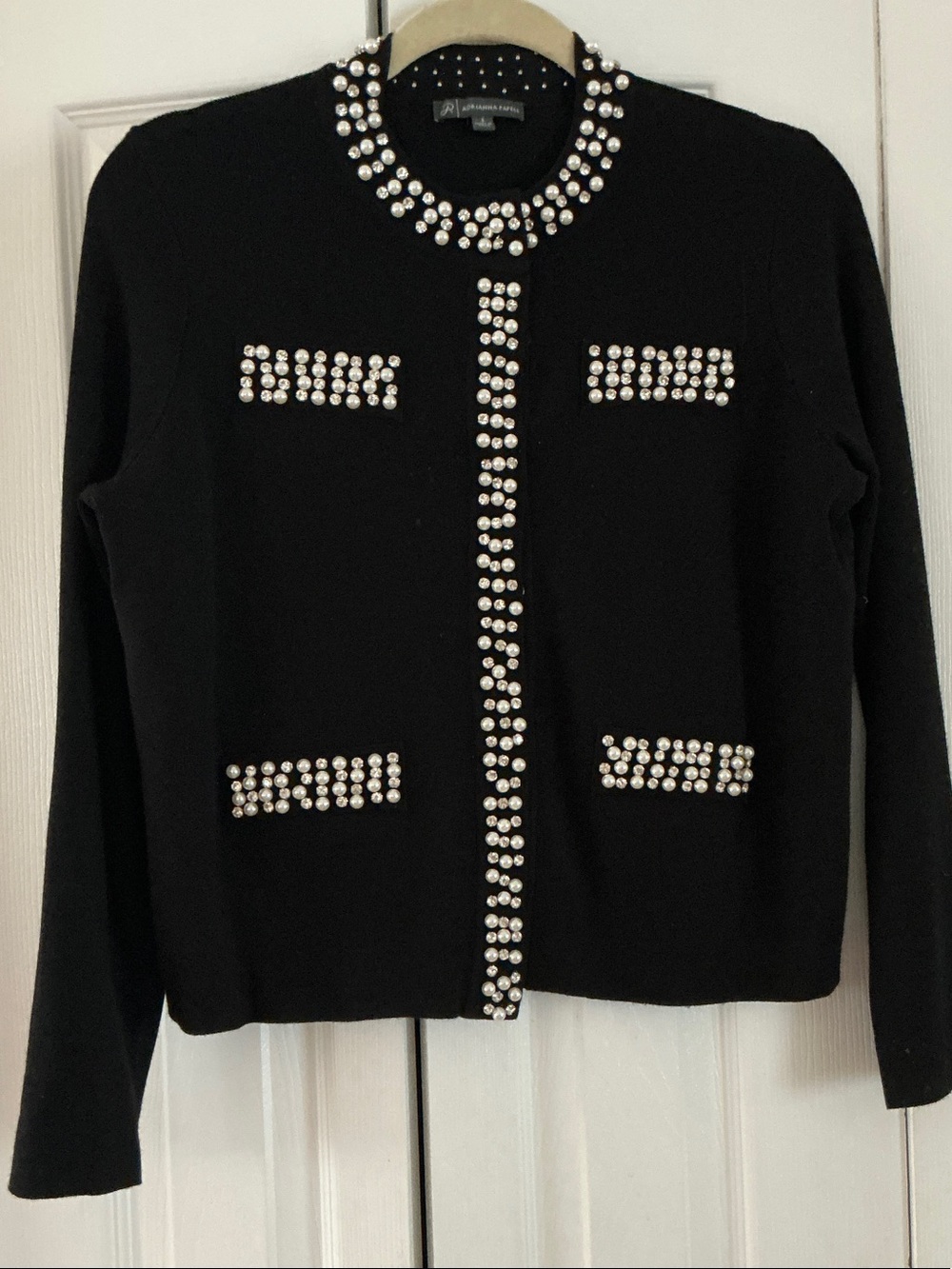 Adrianna Papell Black Knit Sweater Jacket with Crystal & Pearl Trim,snap closure